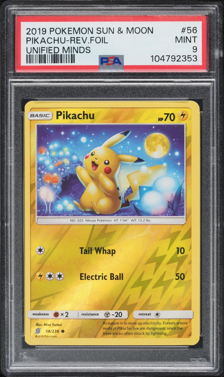2019 Pokemon Sun & Moon Unified Minds Reverse Holo Pikachu #56 PSA 9 MINT