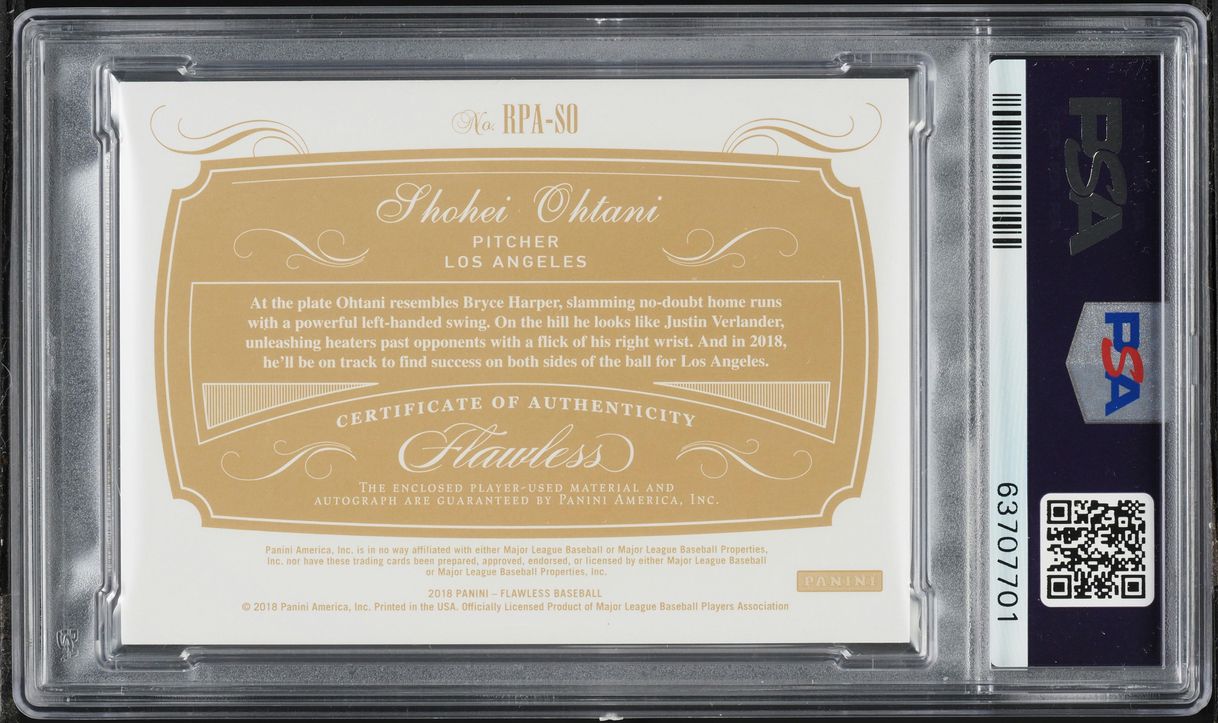 2018 Panini Flawless Sapphire Shohei Ohtani ROOKIE PATCH AUTO DNA 10 /15 #RPA-SO PSA 9 MINT