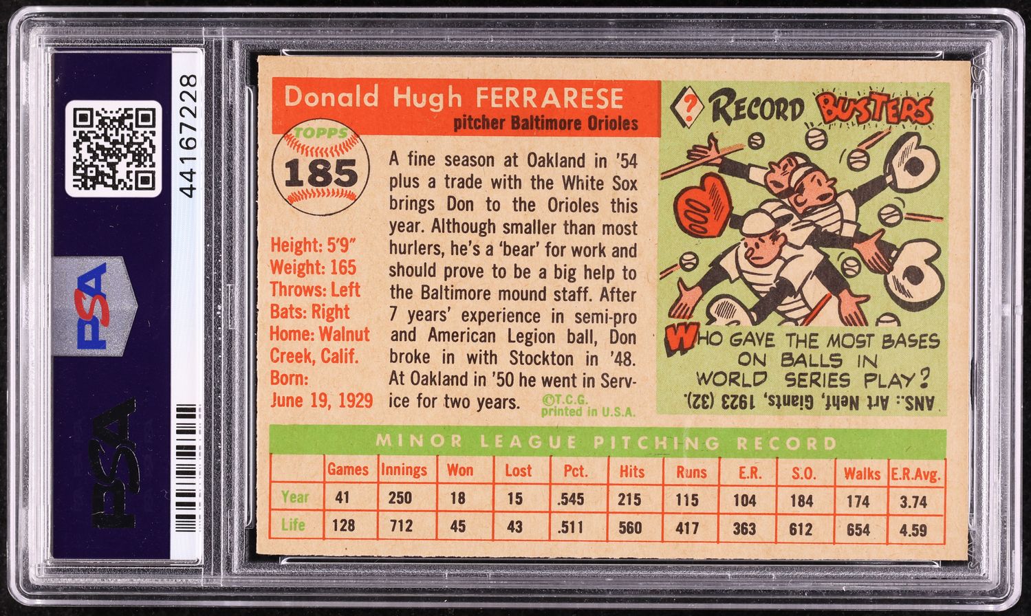 1955 Topps Don Ferrarese #185 PSA 8 NM-MT