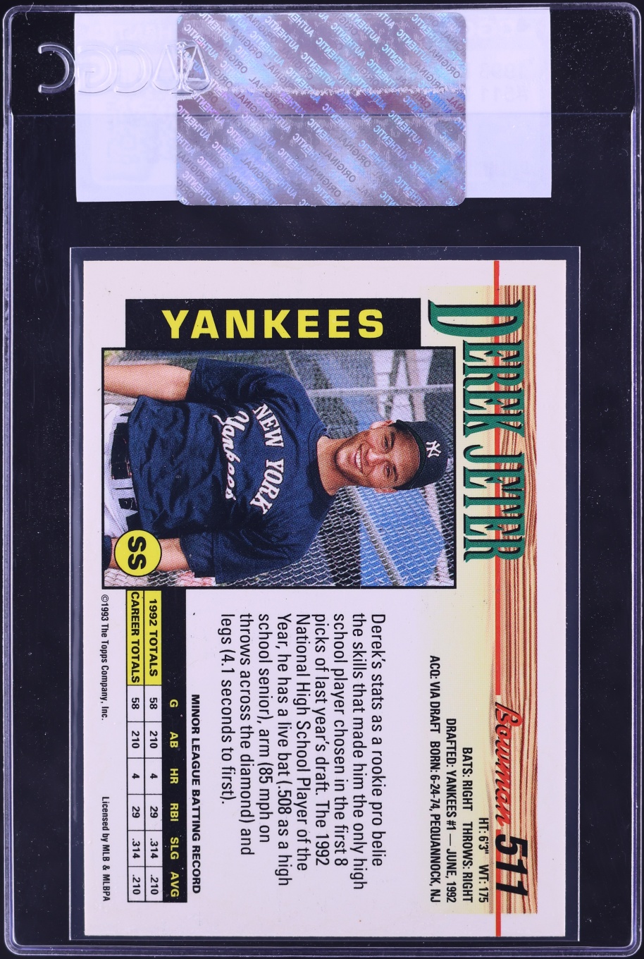 1993 Bowman Derek Jeter ROOKIE #511 CGC AUTH