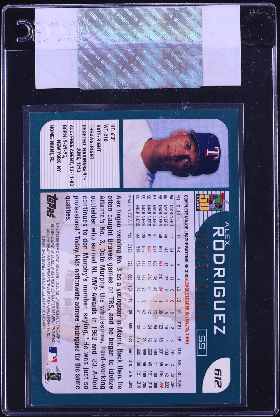 2001 Topps Gold Alex Rodriguez /2001 #612 CGC AUTH
