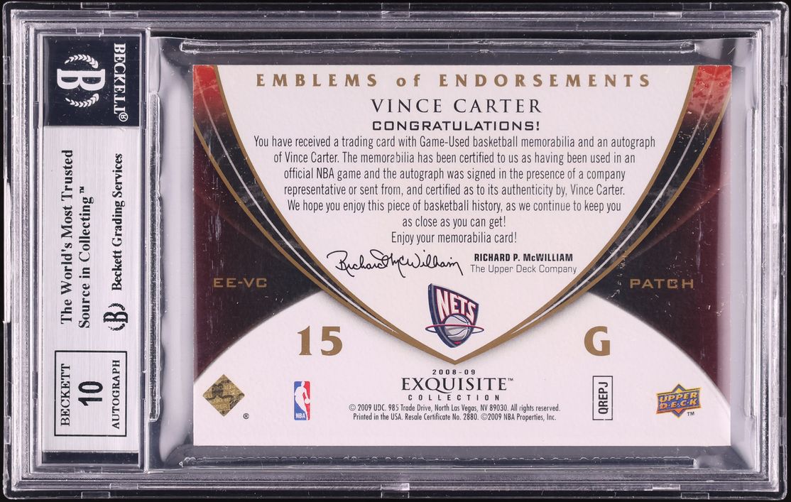 2008 Exquisite Collection Emblems Of Endorsements Vince Carter PATCH AUTO /10 #EEVC BGS 9 MINT