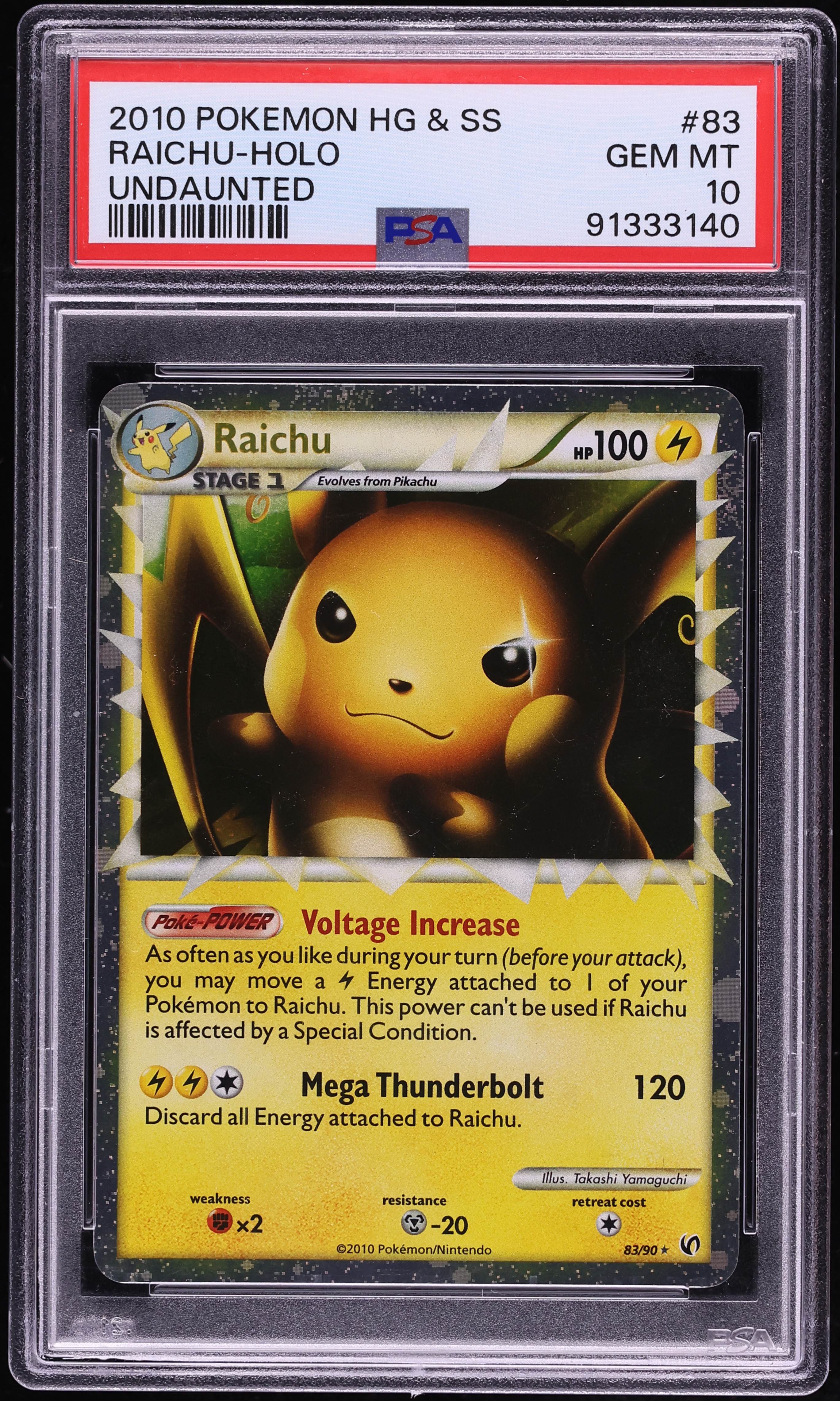 2010 Pokemon HeartGold & SoulSilver Undaunted Holo Raichu #83 PSA 10 GEM MINT