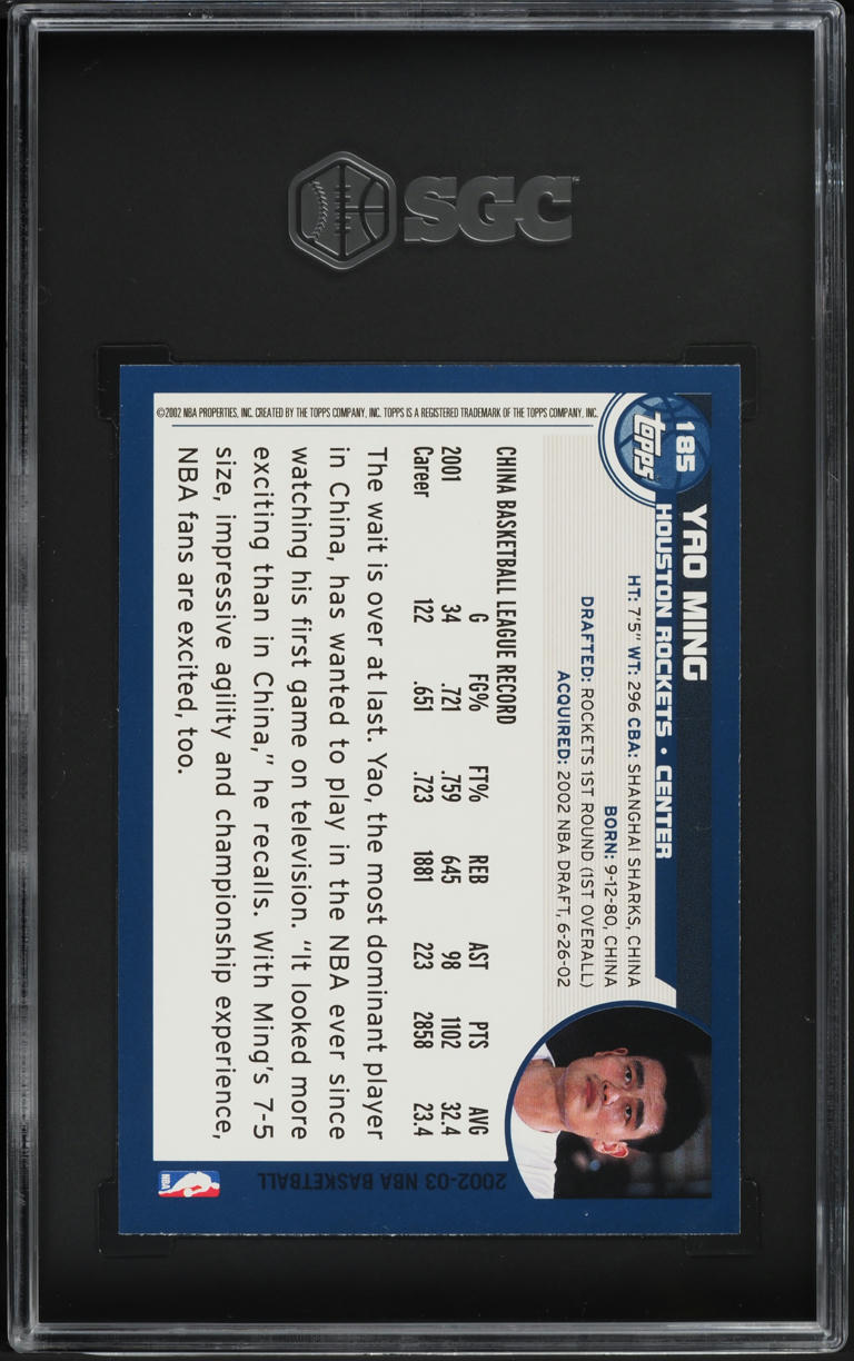 2002 Topps Basketball Yao Ming ROOKIE #185 SGC 9 MINT