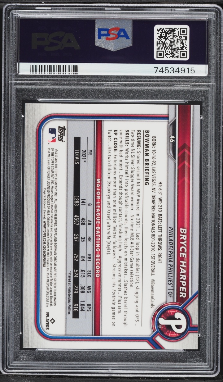 2022 Bowman Chrome Sapphire Edition Bryce Harper #46 PSA 10 GEM MINT