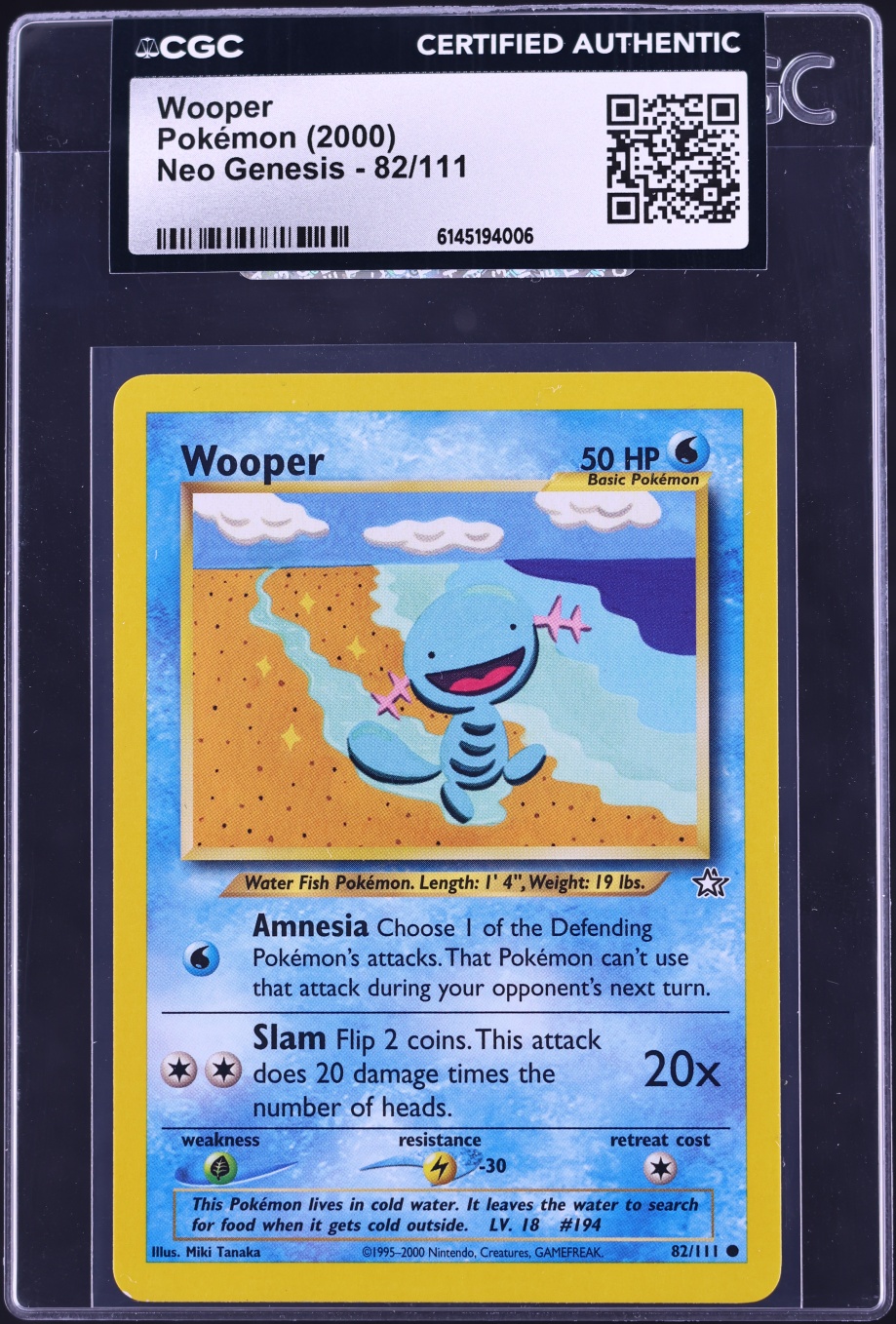 2000 Pokemon Neo Genesis Wooper #82 CGC AUTH