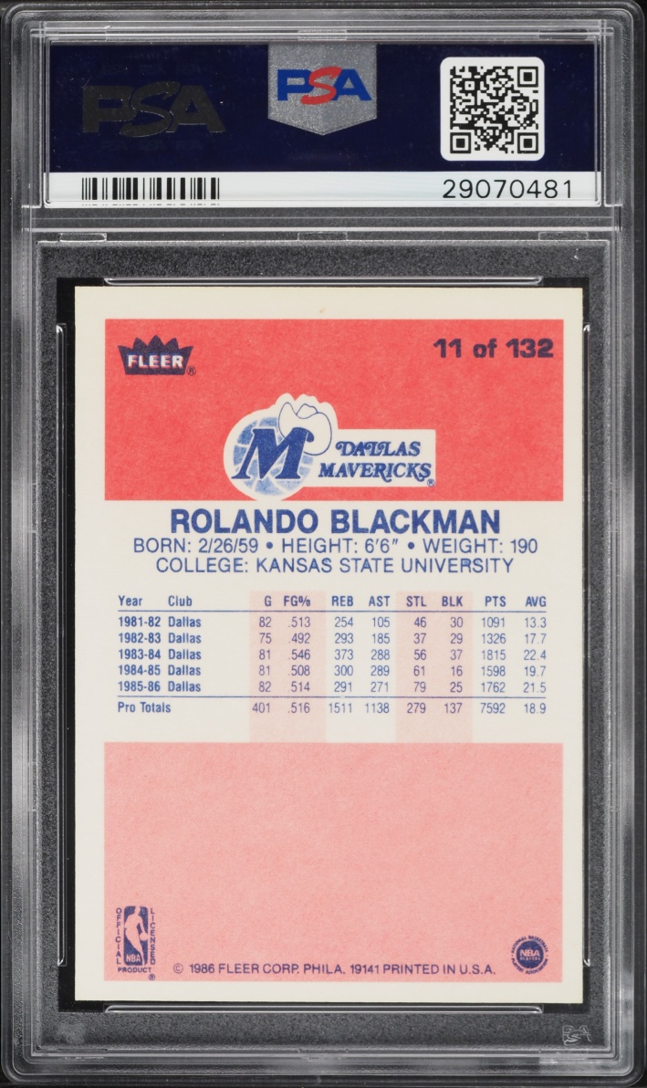 1986 Fleer Basketball Rolando Blackman #11 PSA 9 MINT