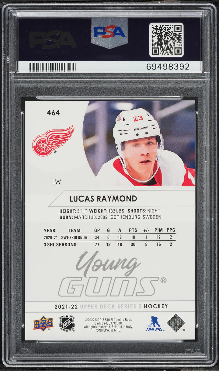 2021 Upper Deck Young Guns Lucas Raymond ROOKIE #464 PSA 10 GEM MINT