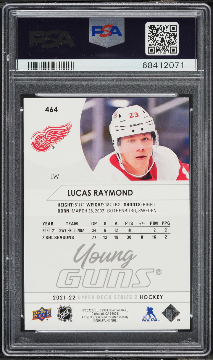2021 Upper Deck Young Guns Lucas Raymond ROOKIE #464 PSA 10 GEM MINT
