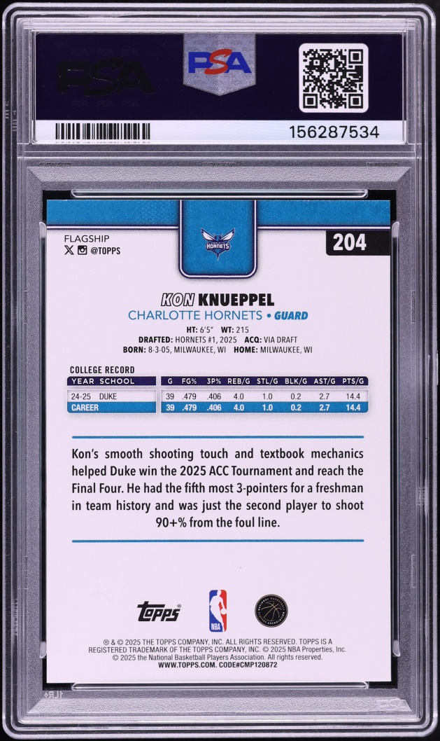 2025 Topps Basketball Kon Knueppel ROOKIE #204 PSA 10 GEM MINT