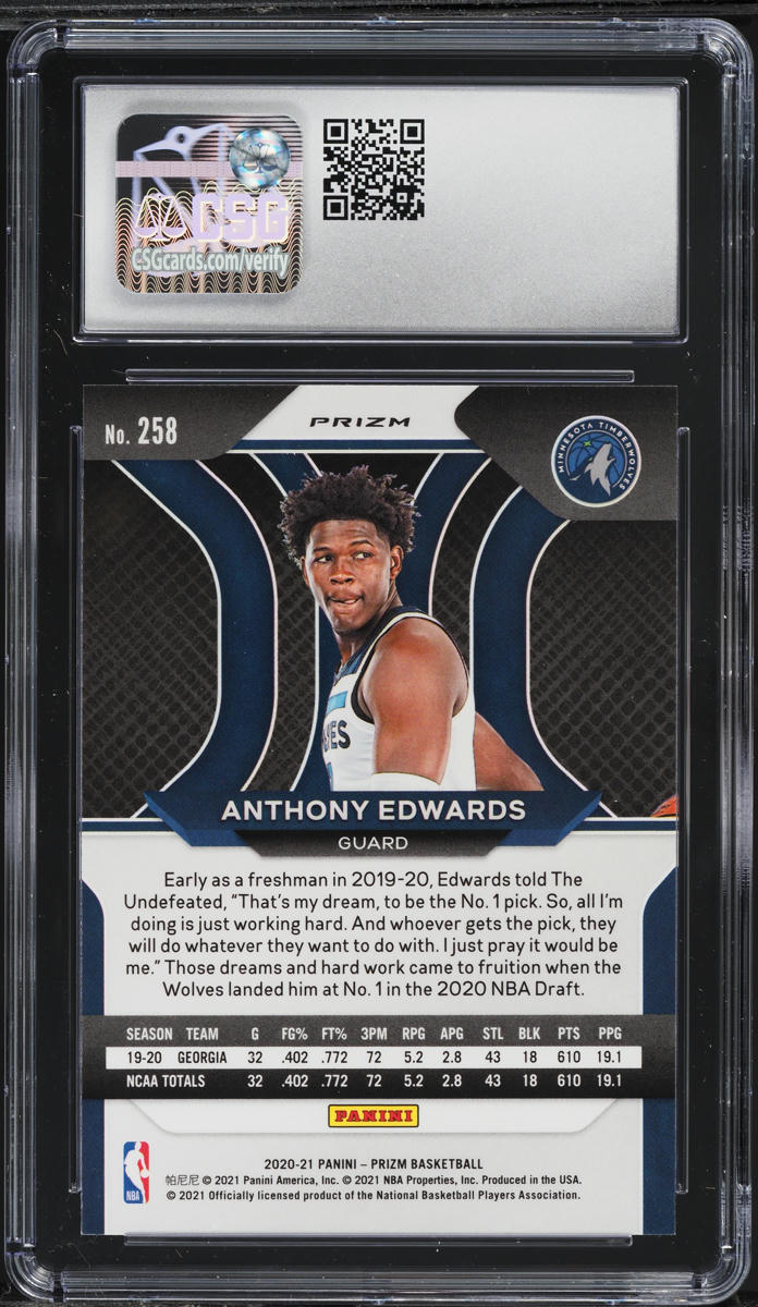 2020 Panini Prizm Red White & Blue Anthony Edwards ROOKIE #258 CSG 8.5 NM-MT+