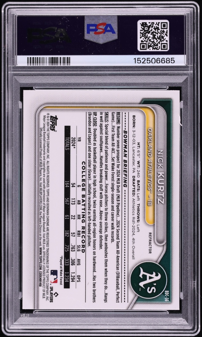 2024 Bowman Chrome Draft Refractor Nick Kurtz PROSPECT #BDC-56 PSA 10 GEM MINT