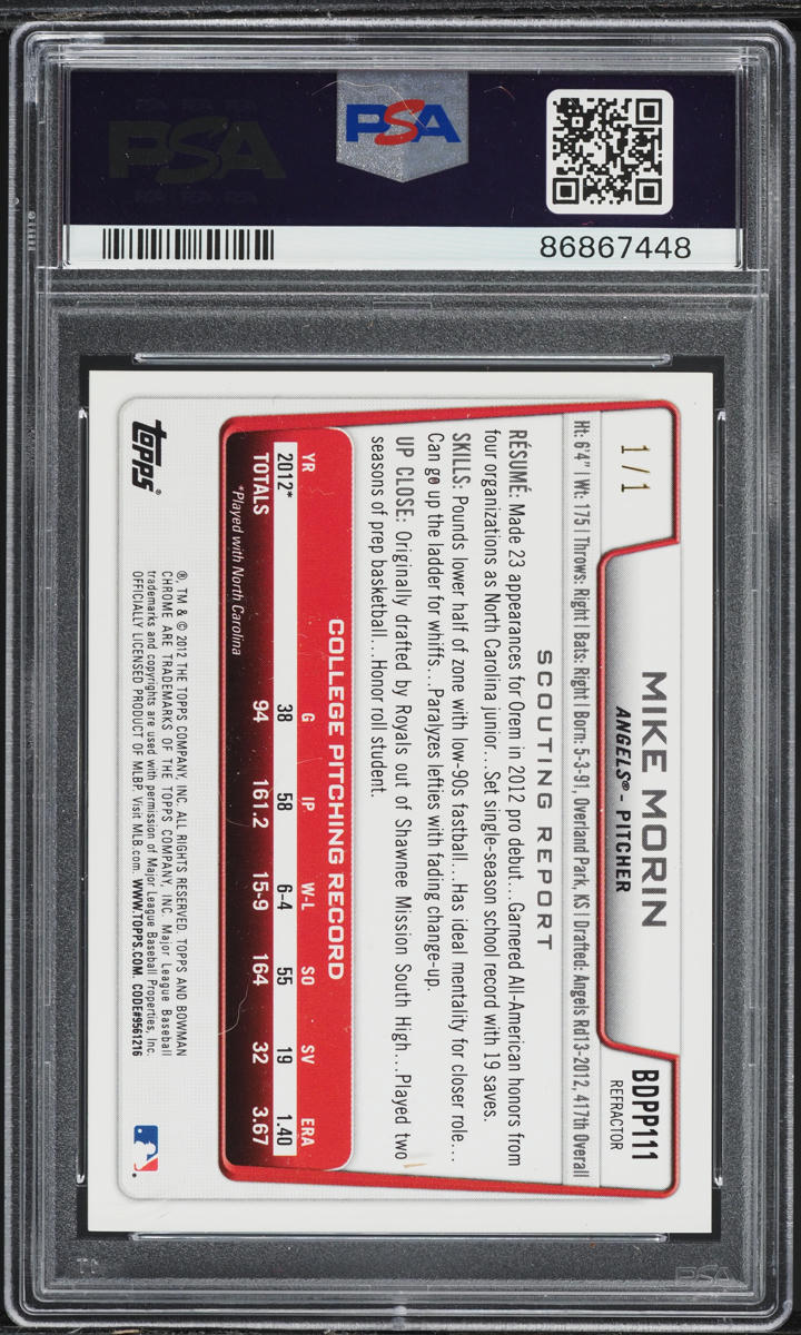 2012 Bowman Chrome Draft Picks Superfractor Mike Morin PROSPECT 1/1 PSA 9 MINT