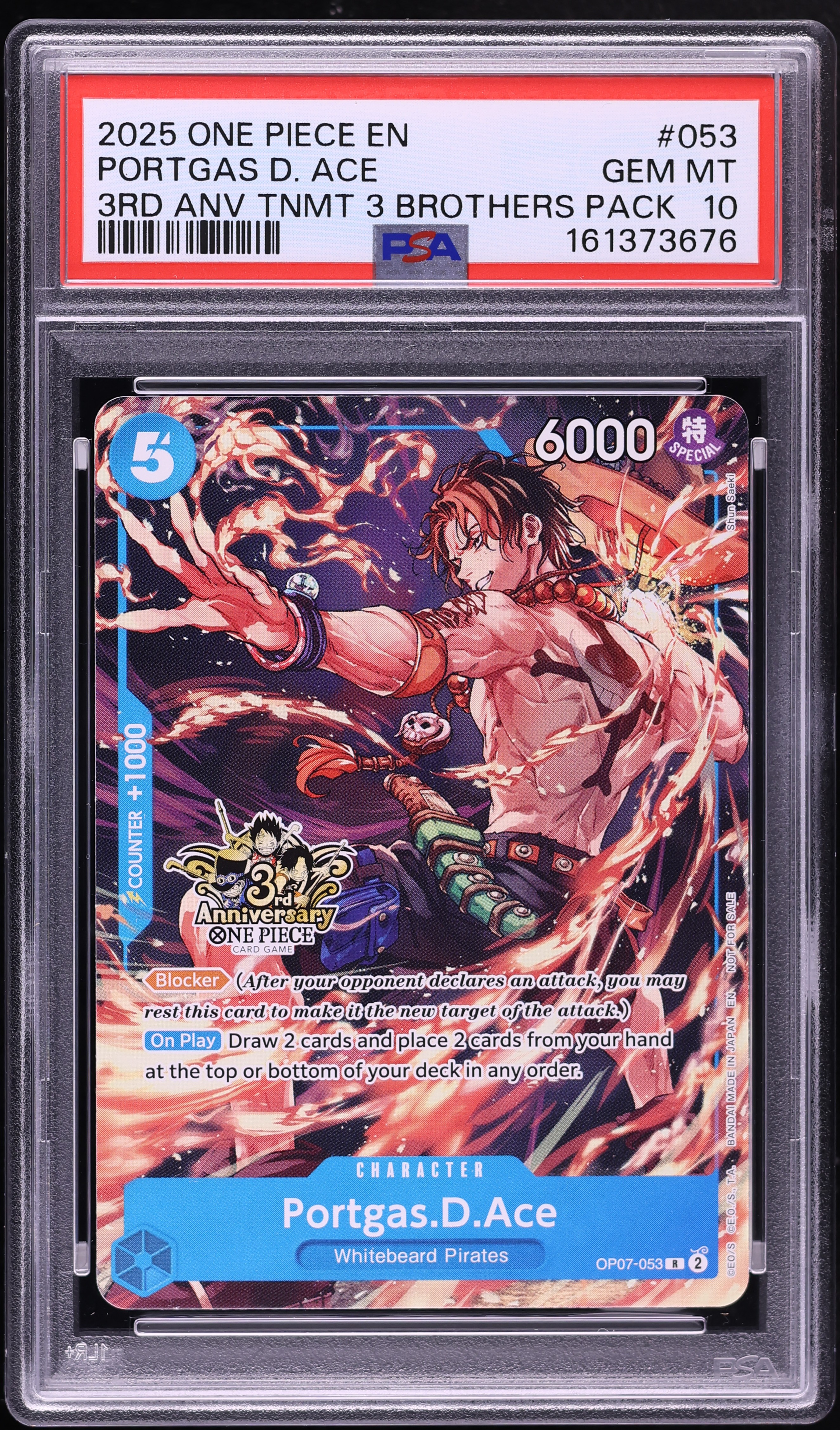 2025 One Piece 3rd Anniv. Tournament 3 Brothers Pack Alt Art Portgas D. Ace #OP07-053 PSA 10
