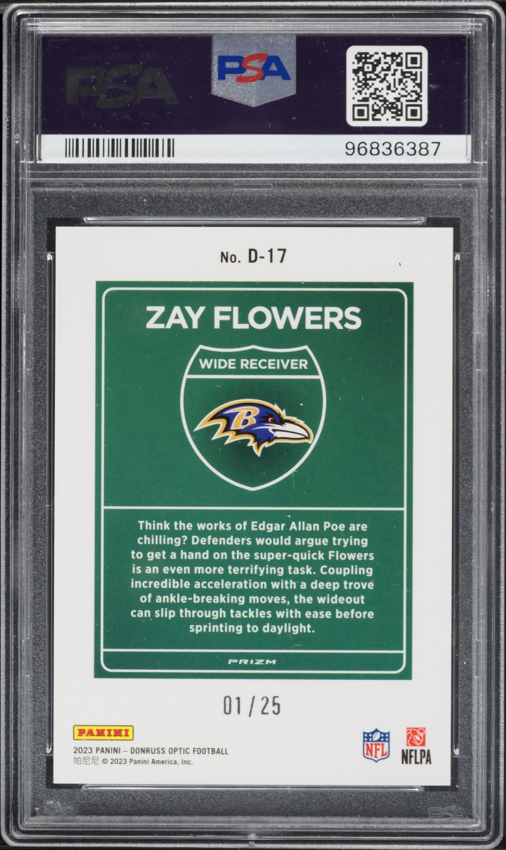 2023 Donruss Optic Downtown Black Pandora Zay Flowers ROOKIE 1/25 #D17 PSA 10 GEM MINT