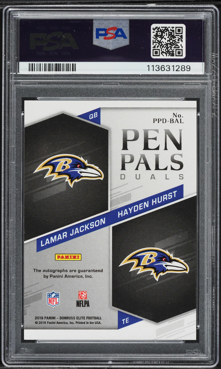 2018 Donruss Elite Pen Pals Duals Blue Ink Jackson Hurst AUTO #PPD-BAL PSA 10
