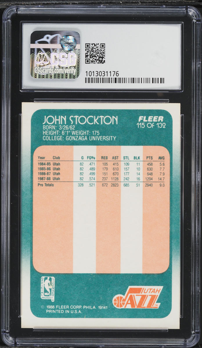 1988 Fleer Basketball John Stockton ROOKIE #115 CSG 8.5 NM-MT+