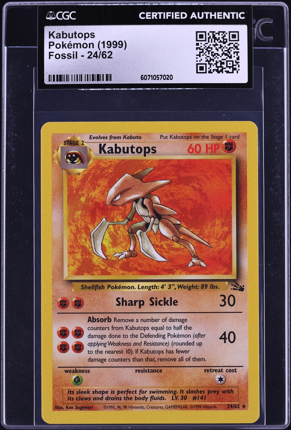 1999 Pokemon Fossil Kabutops #24 CGC AUTH