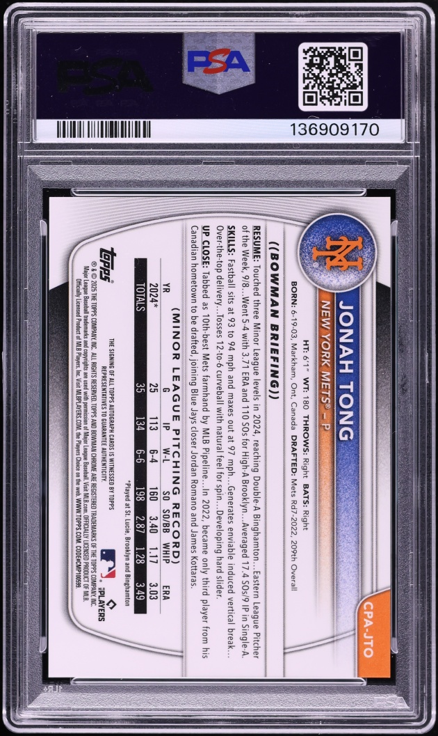 2025 Bowman Chrome Jonah Tong PROSPECT AUTO #CPA-JTO PSA 10 GEM MINT