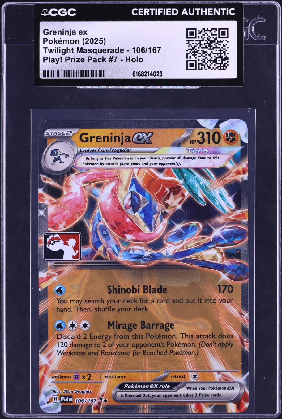 2025 Pokemon SV Twilight Masquerade Play! Prize Pack 7 Holo Greninja EX #106 CGC AUTH