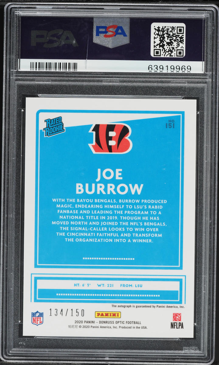 2020 Donruss Optic Joe Burrow ROOKIE AUTO /150 #151 PSA 10 GEM MINT