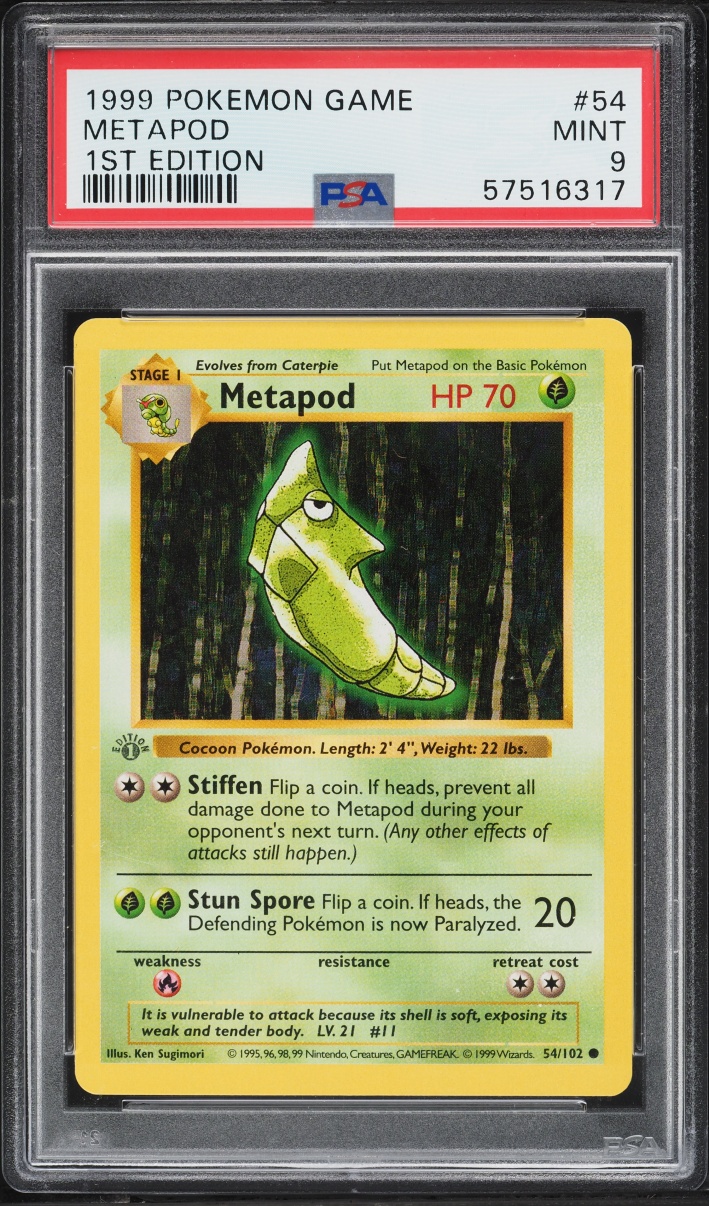 1999 Pokemon Base Set Shadowless 1st Edition Metapod #54 PSA 9 MINT