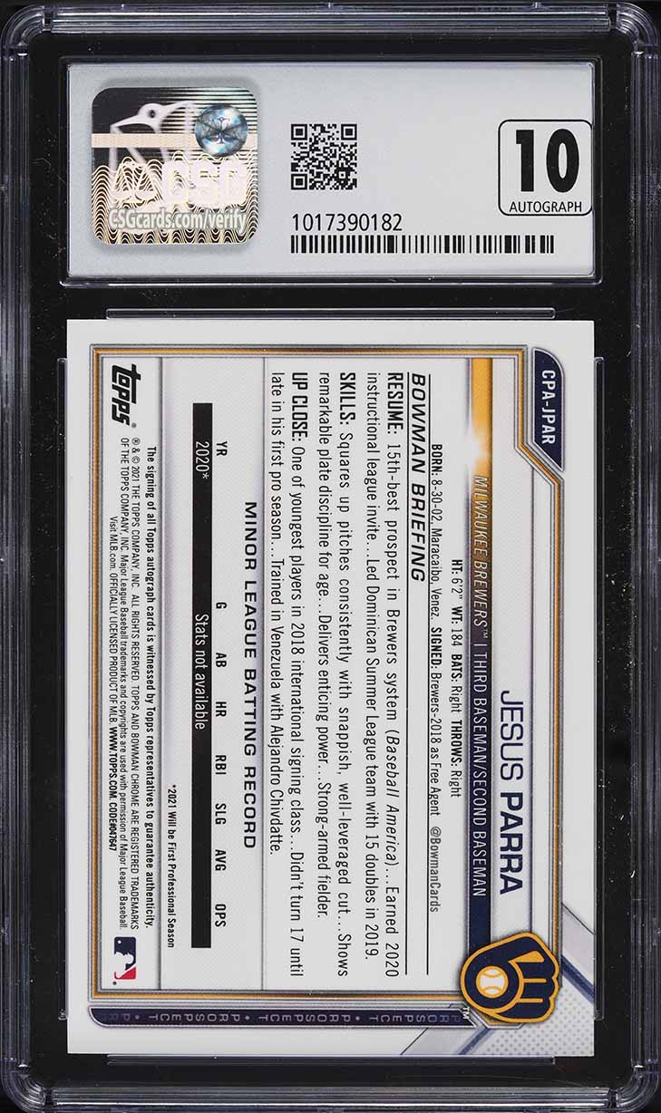 2021 Bowman Chrome Gold Shimmer Refractor Jesus Parra PROSPECT AUTO /50 CSG 9.5 GEM MINT