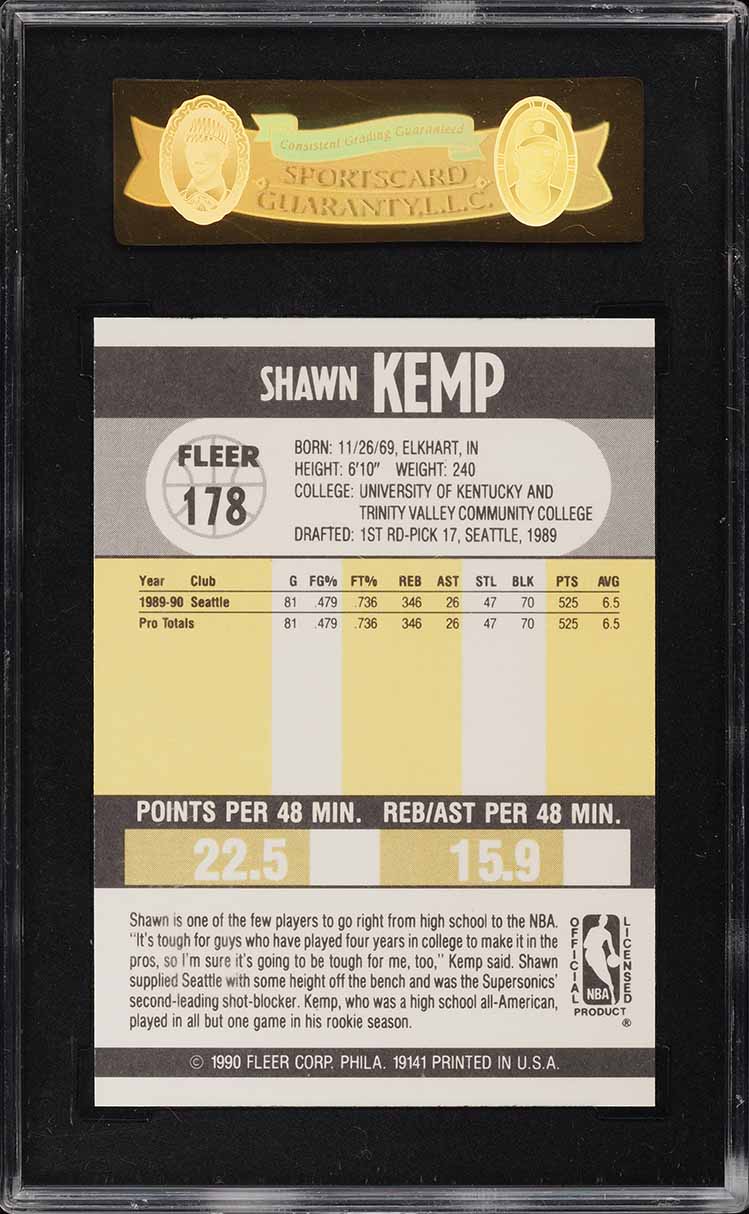 1990 Fleer Basketball Shawn Kemp ROOKIE #178 SGC 10 GEM MINT