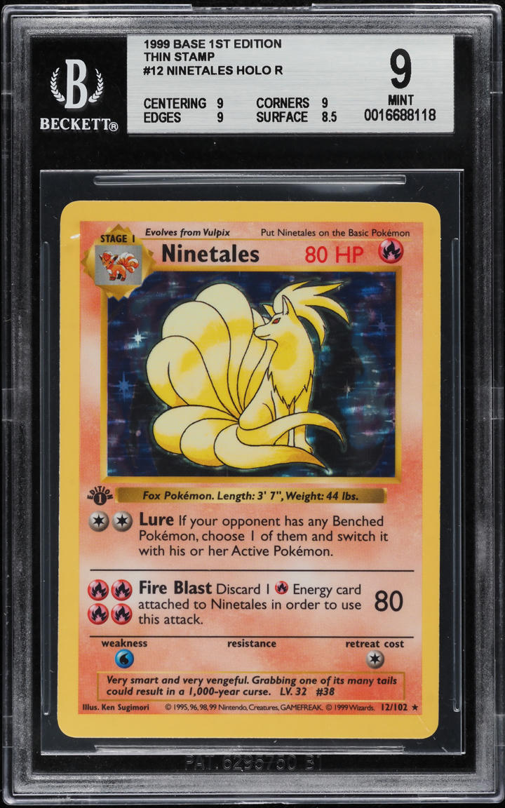 1999 Pokemon Base Set Shadowless 1st Edition Thin Stamp Holo Ninetales #12 BGS 9