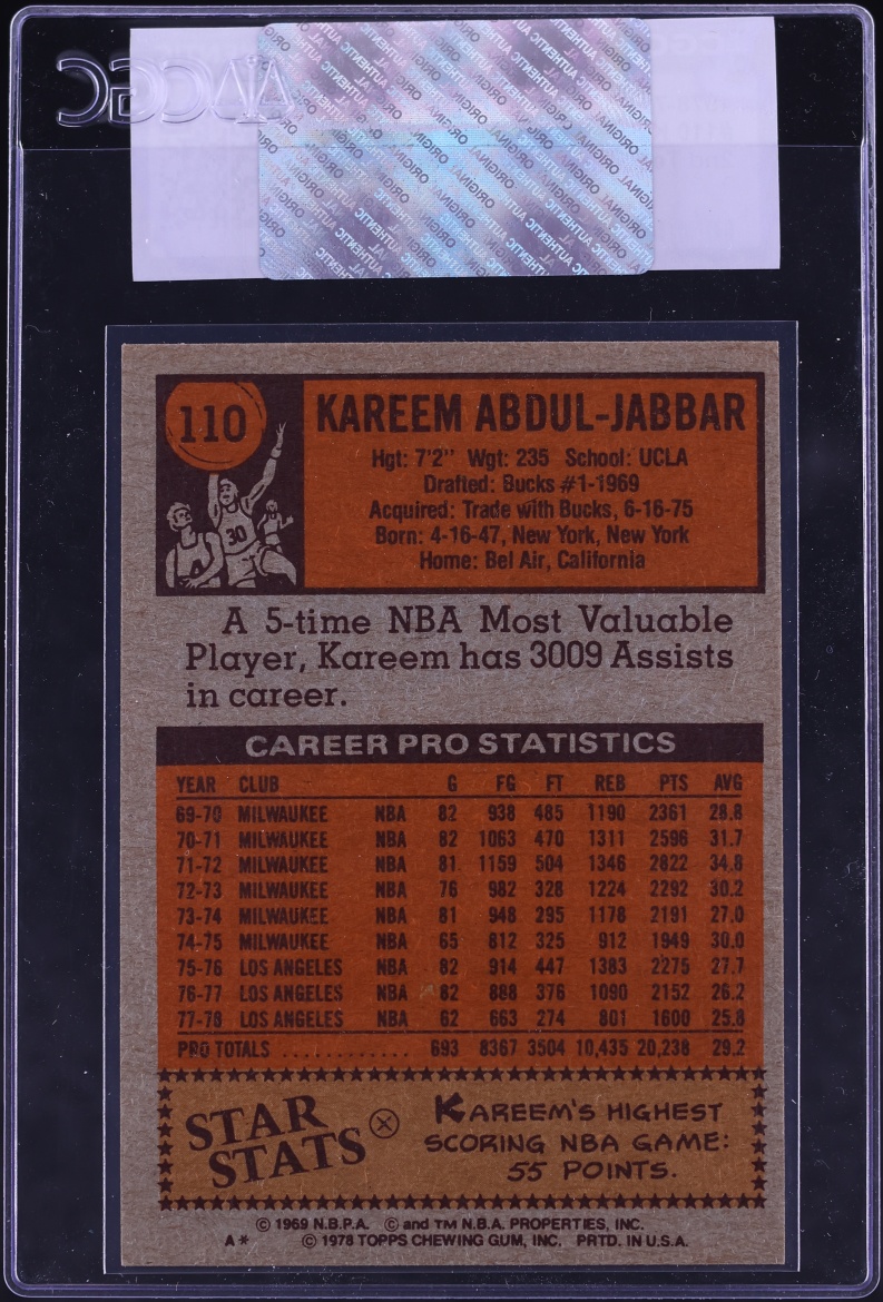1978 Topps Basketball Kareem Abdul-Jabbar 2ND TEAM ALL-STAR #110 CGC AUTH
