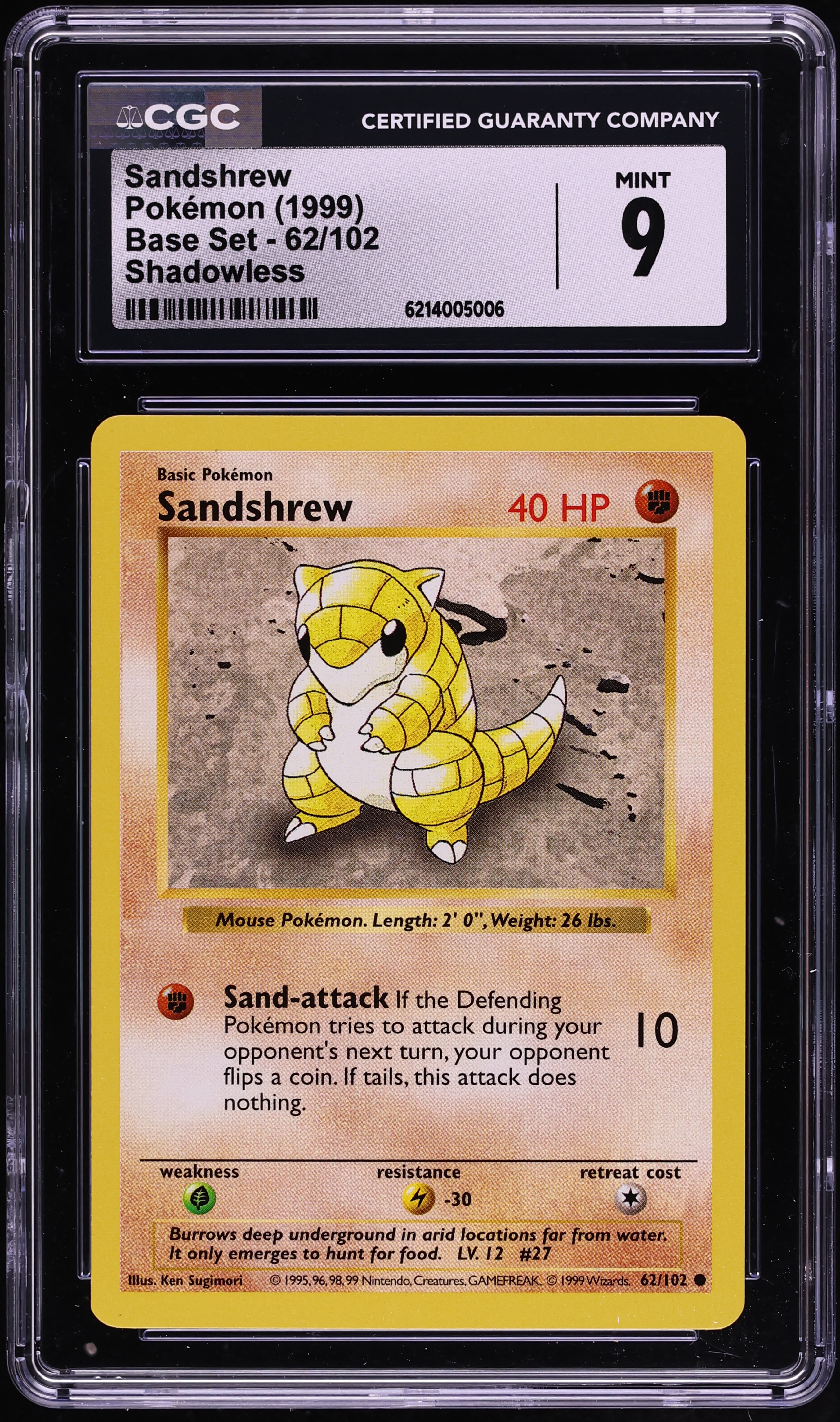 1999 Pokemon Base Set Shadowless Sandshrew #62 CGC 9 MINT