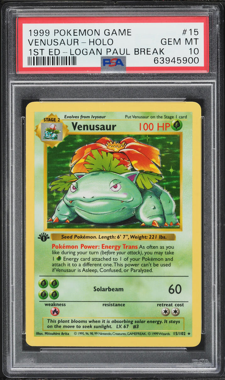 1999 Pokemon Base Set Shadowless 1st Edition Logan Paul Break Holo Venusaur #15 PSA 10 GEM MINT
