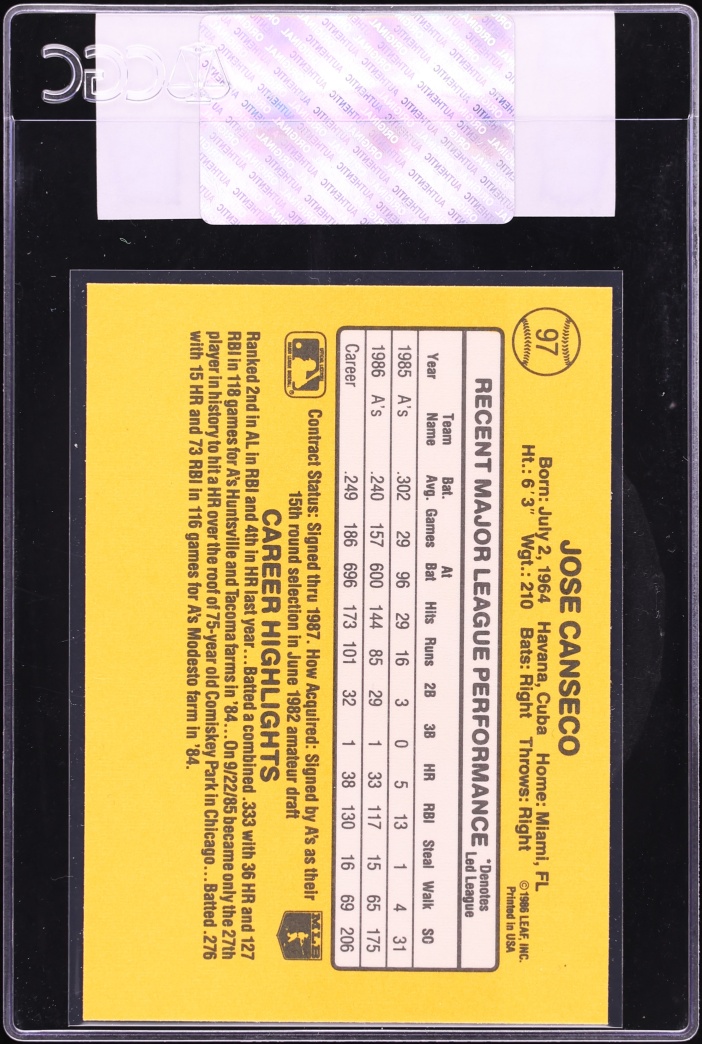 1987 Donruss Jose Canseco ROOKIE #97 CGC AUTH