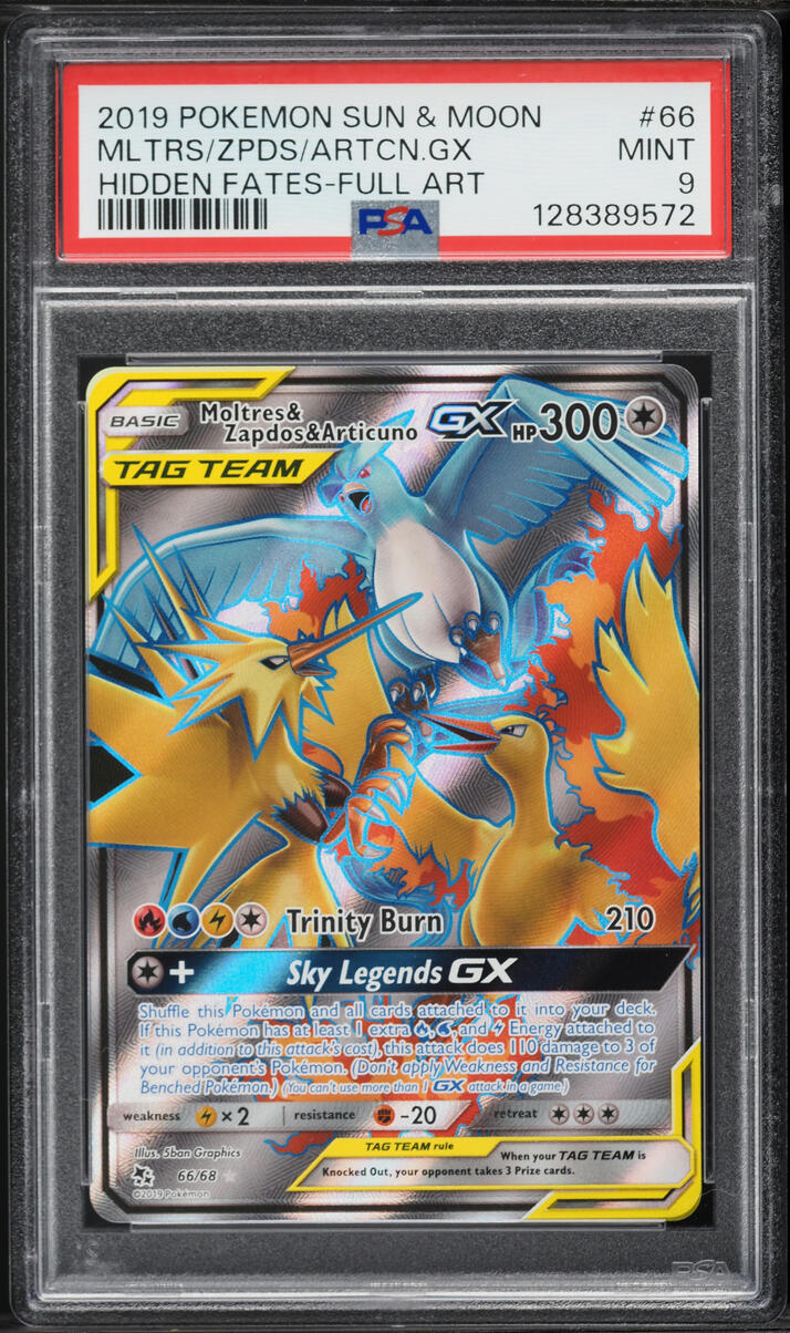 2019 Pokemon Sun & Moon Hidden Fates Full Art Moltres & Zapdos & Articuno GX #66 PSA 9 MINT