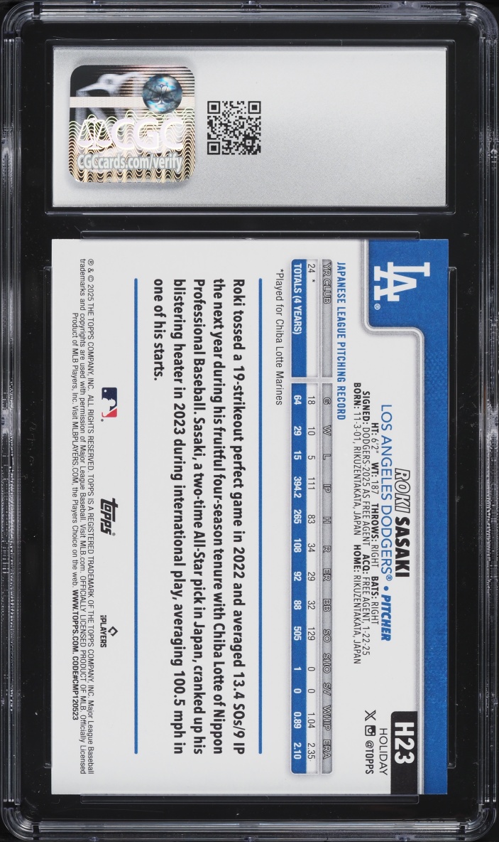 2025 Topps Holiday Variation Roki Sasaki ROOKIE #H23 CGC 9 MINT
