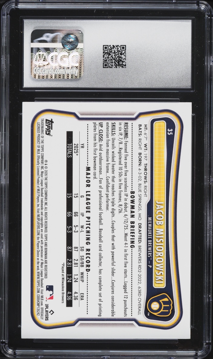 2026 Bowman Jacob Misiorowski ROOKIE #35 CGC 10 GEM MINT