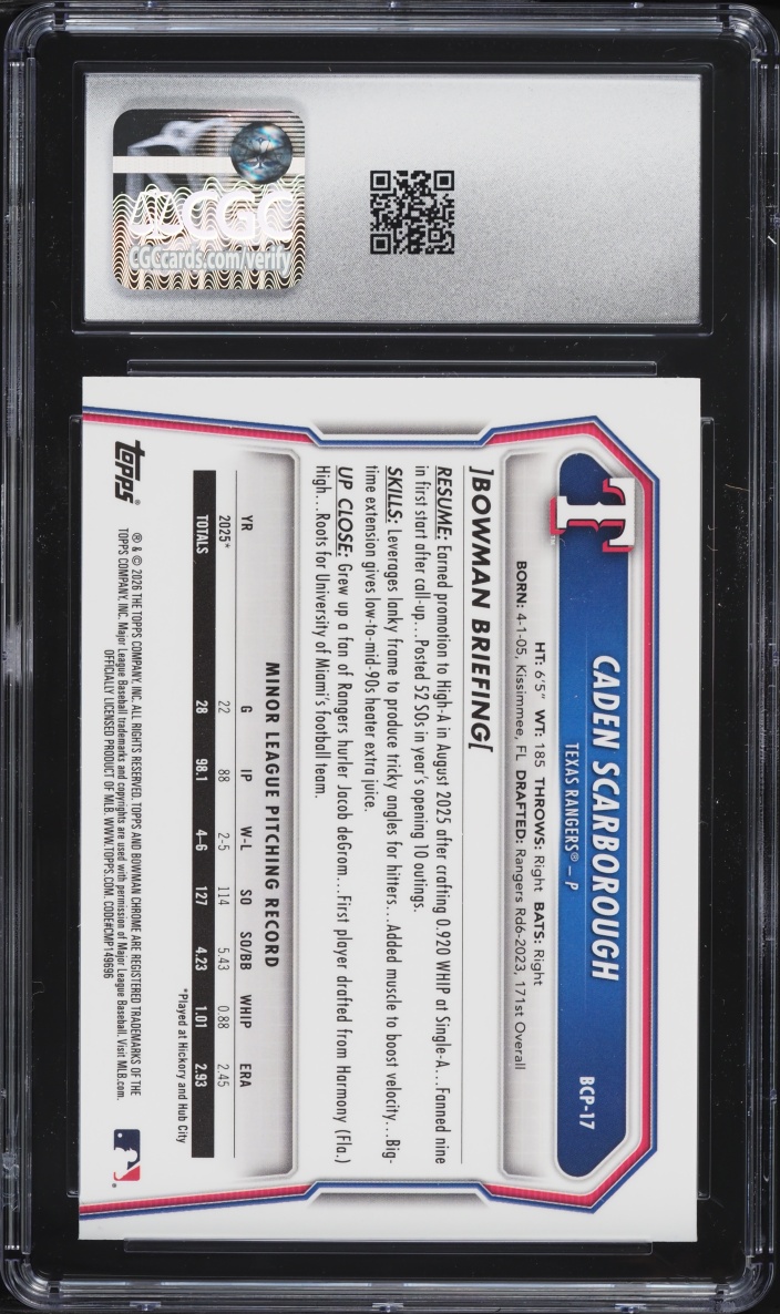 2026 Bowman Chrome Mega Box Caden Scarborough PROSPECT #BCP-17 CGC 9.5 MINT+