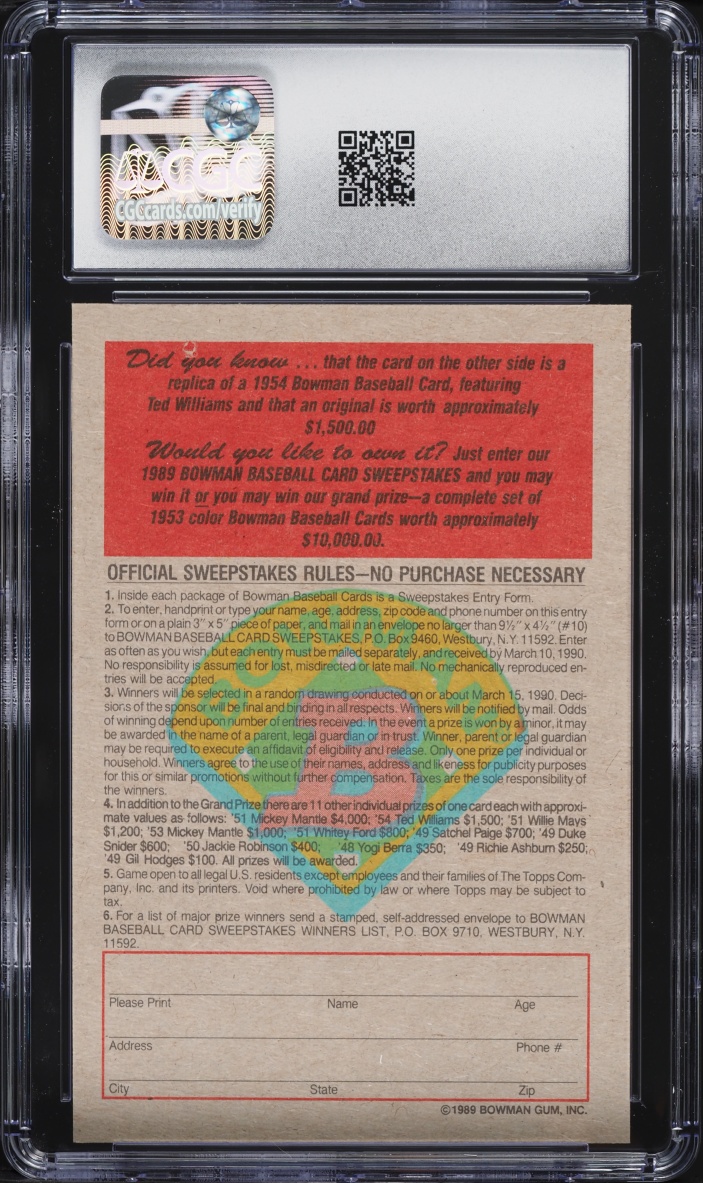 1989 Bowman Reprint Sweepstakes '54 Ted Williams CGC 9 MINT