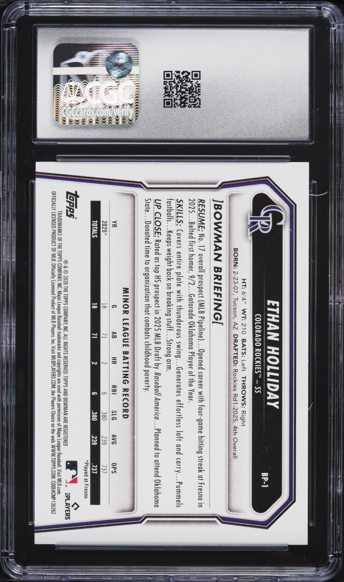 2026 Bowman Ethan Holliday PROSPECT #BP-1 CGC 9.5 MINT+