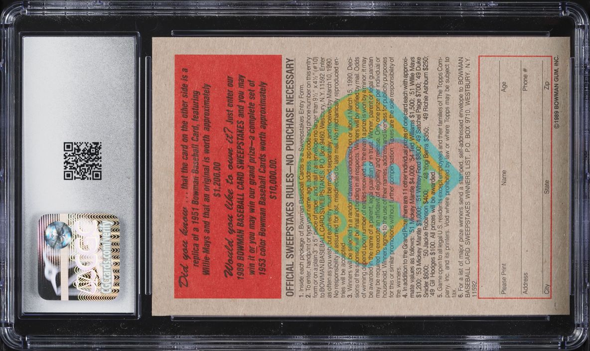 1989 Bowman Reprint Sweepstakes '51 Willie Mays CGC 9 MINT