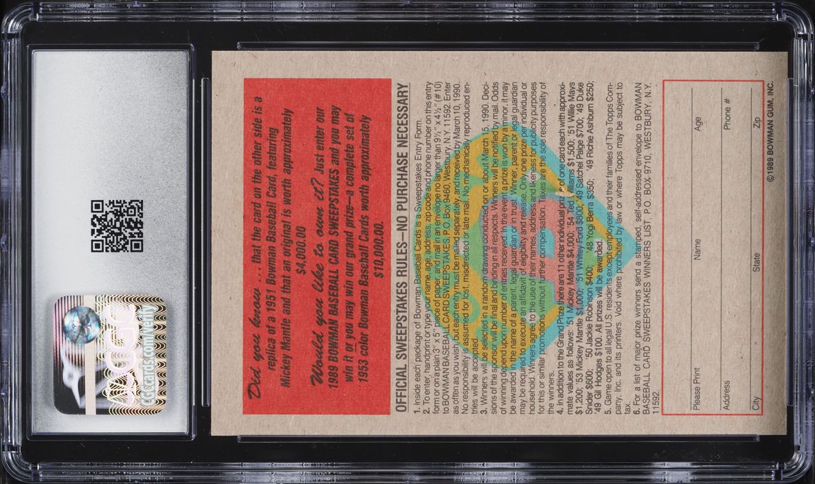 1989 Bowman Reprint Sweepstakes '51 Mickey Mantle CGC 8.5 NM-MT+