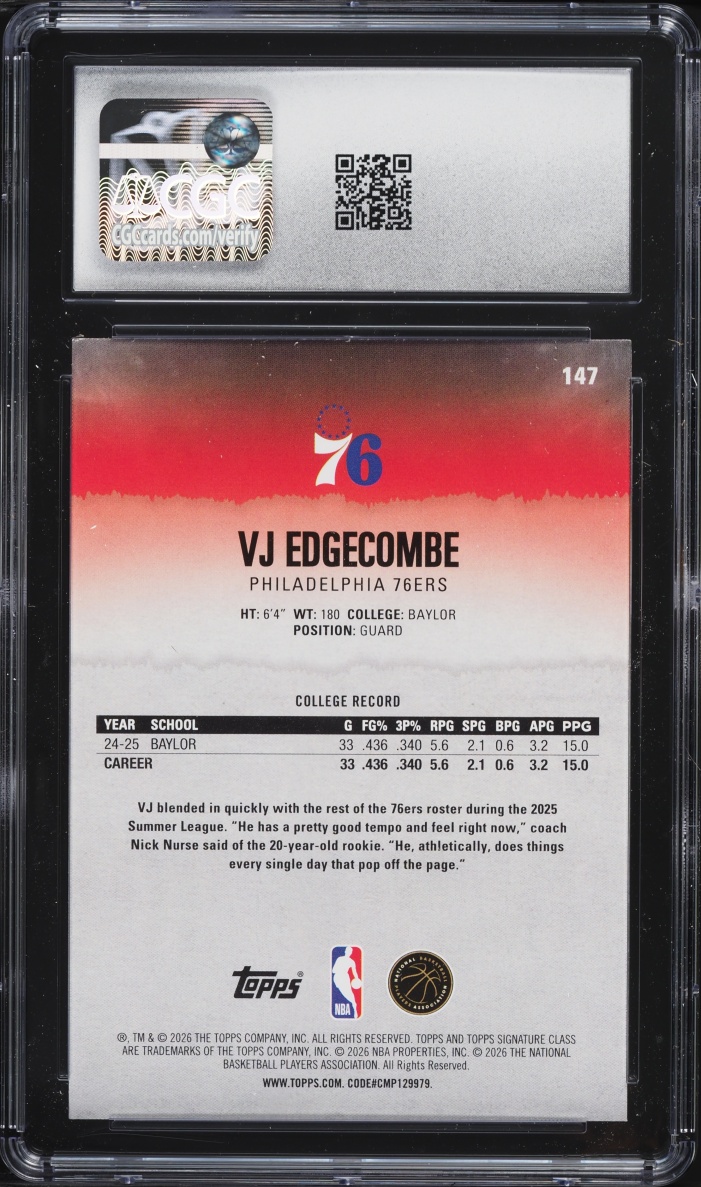 2025 Topps Signature Class Blue & Orange VJ Edgecombe ROOKIE #147 CGC 10 GEM MINT