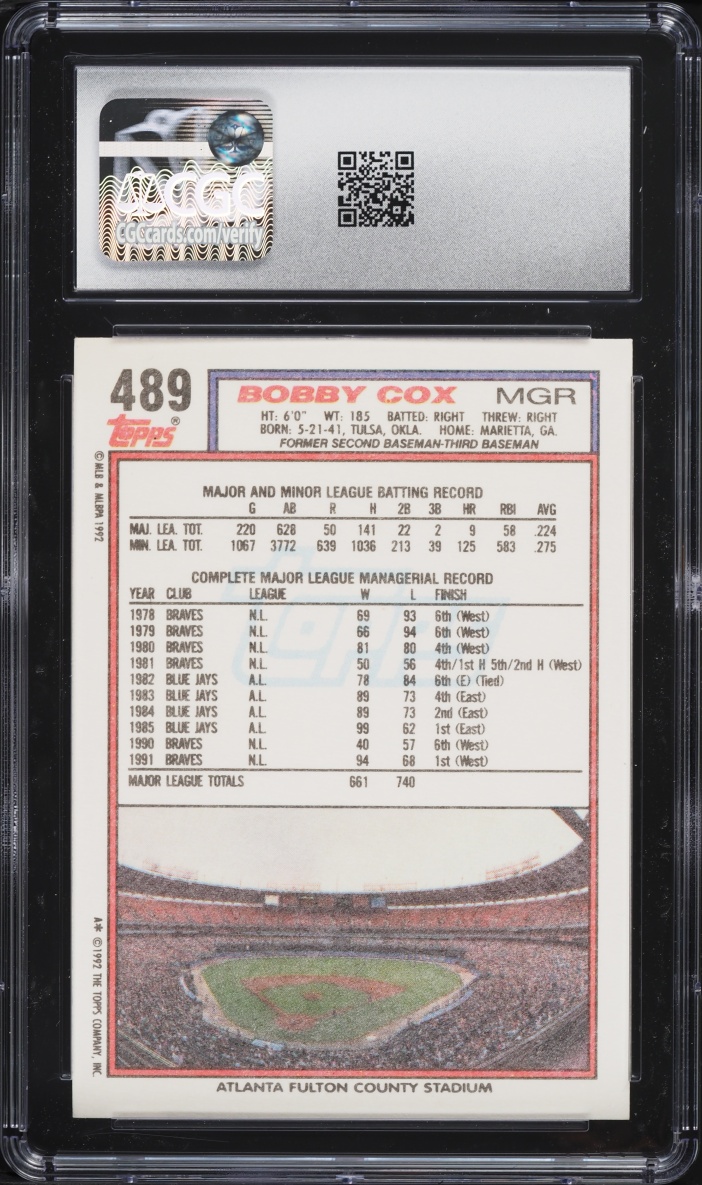 1992 Topps Bobby Cox #489 CGC 6 EXMT