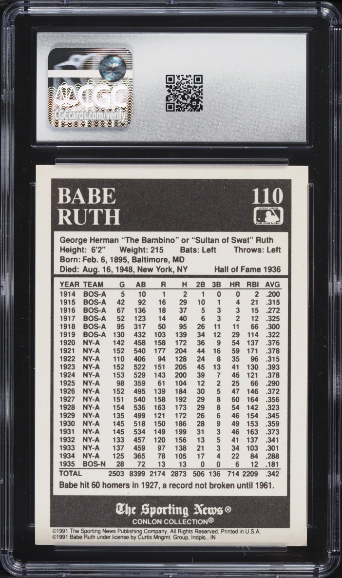 1991 Conlon Collection Babe Ruth #110 CGC 9.5 MINT+