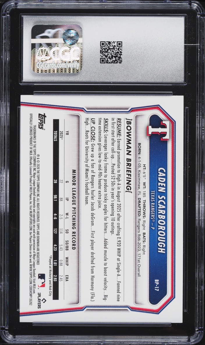 2026 Bowman Caden Scarborough PROSPECT #BP-17 CGC 10 GEM MINT