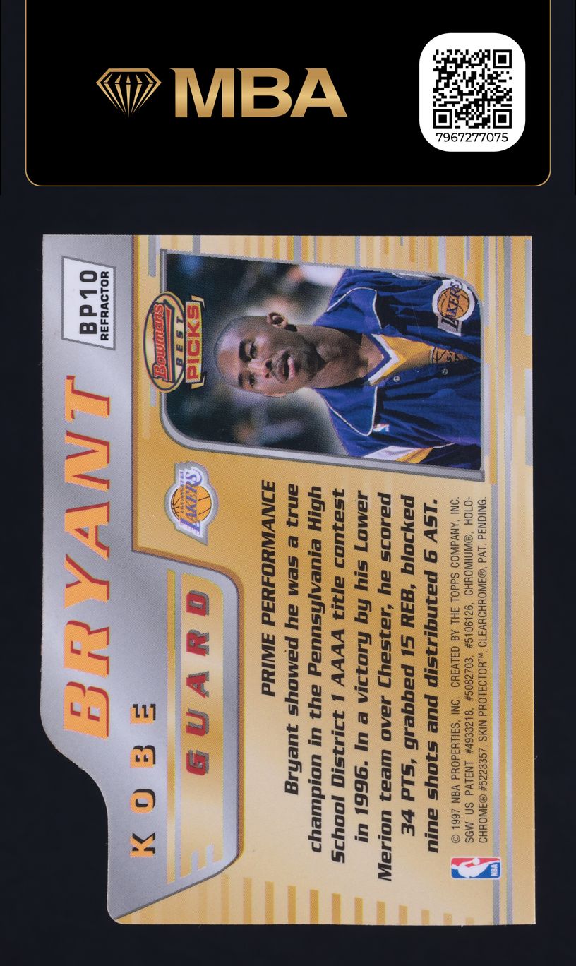 1996 Bowman's Best Picks Refractor Kobe Bryant ROOKIE #BP10 MBA AUTH
