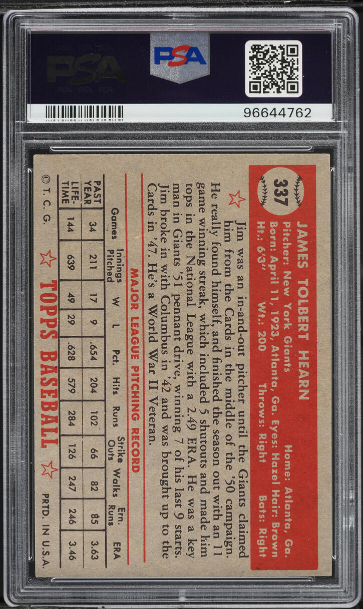 1952 Topps Jim Hearn #337 PSA 6 EXMT