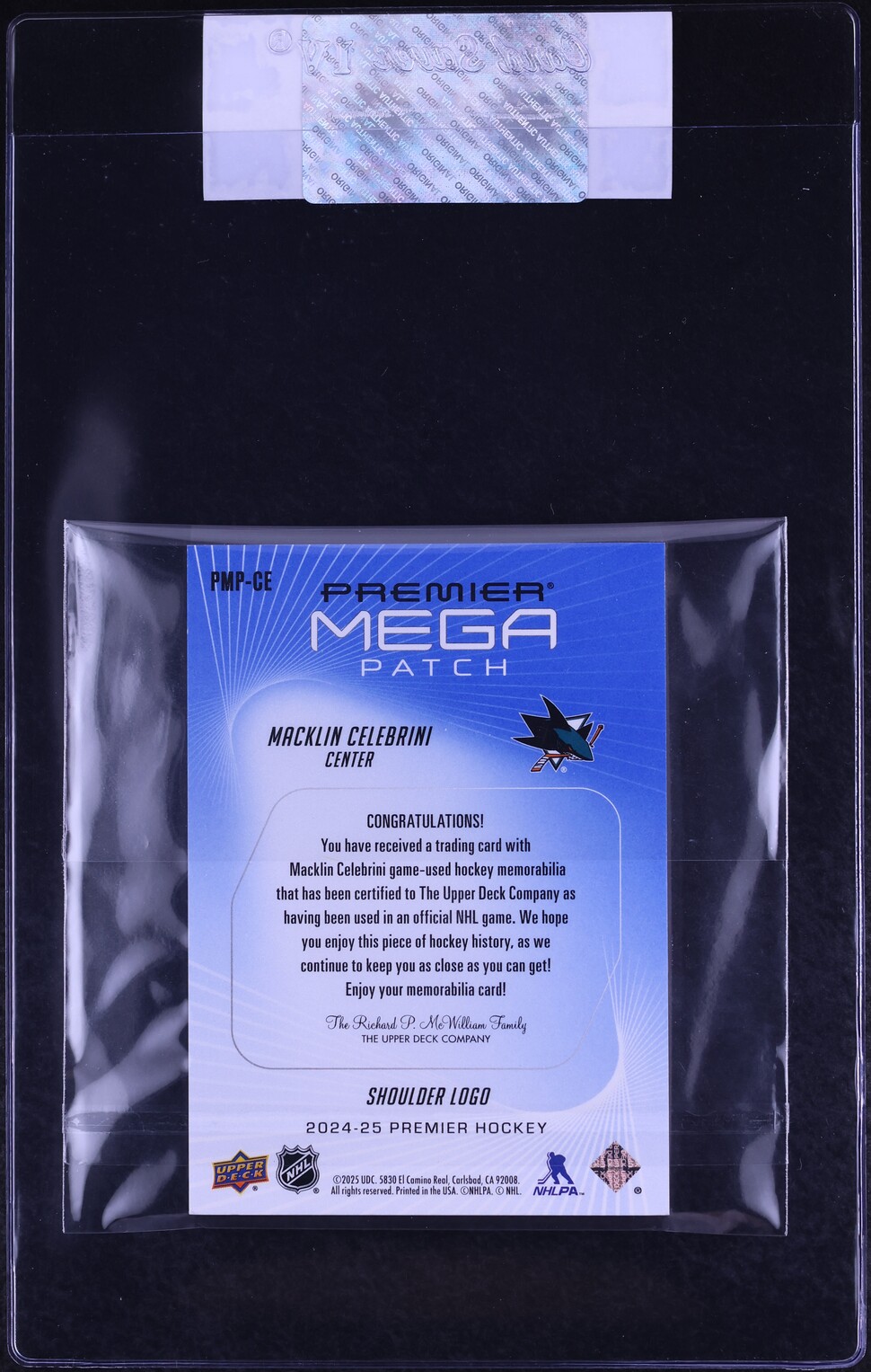 2024 Upper Deck Premier Mega Shoulder Logo Macklin Celebrini PATCH 1/4 #PMP-CE CGC AUTH