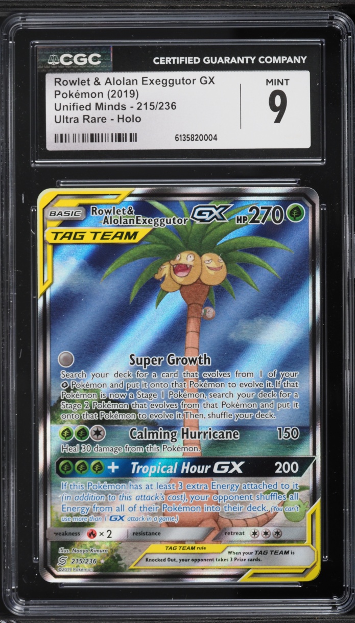 2019 Pokemon Sun & Moon Unified Minds Alt Art Rowlet & Alolan Exeggutor GX #215 CGC 9 MINT