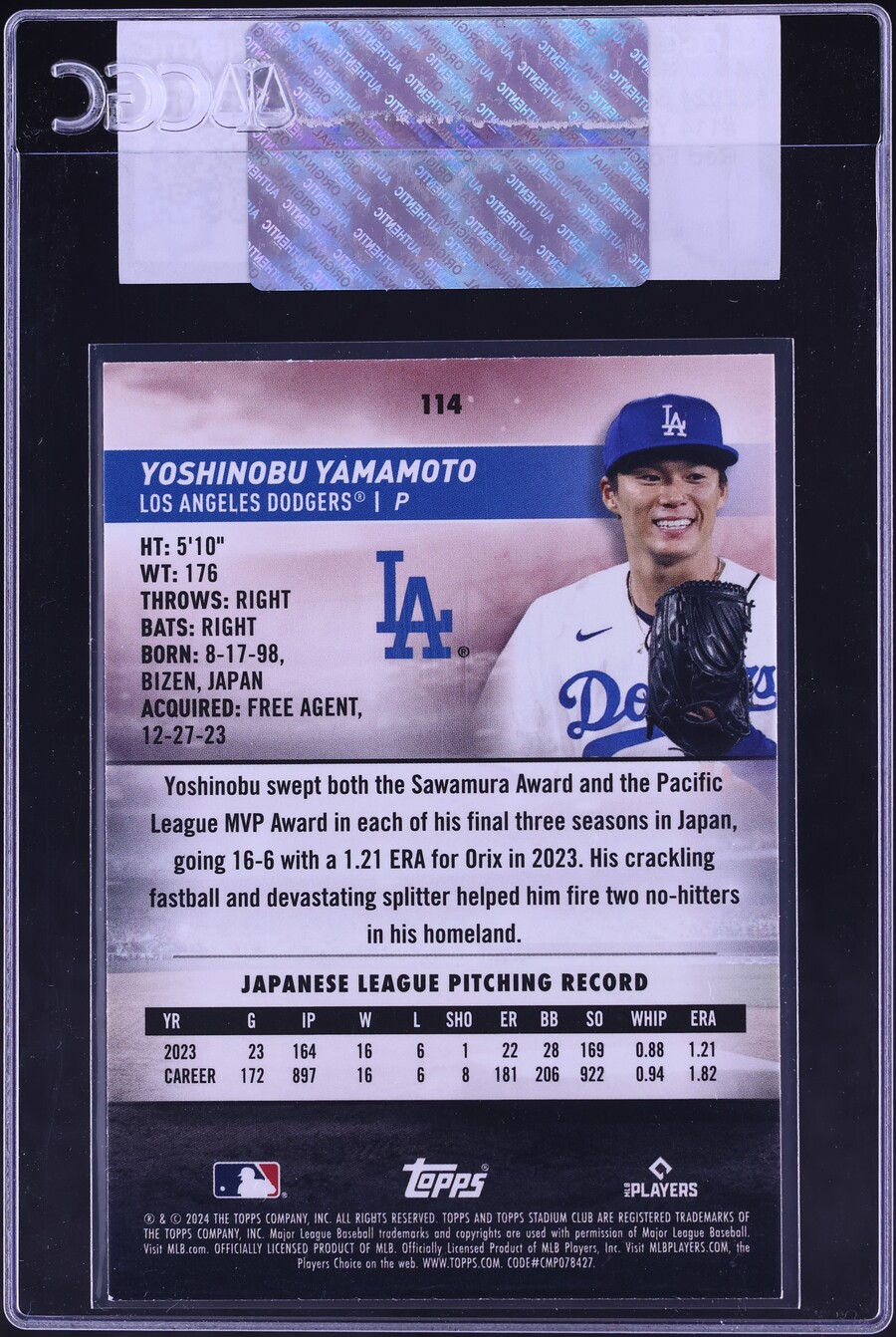 2024 Stadium Club Red Foil Yoshinobu Yamamoto ROOKIE #114 CGC AUTH